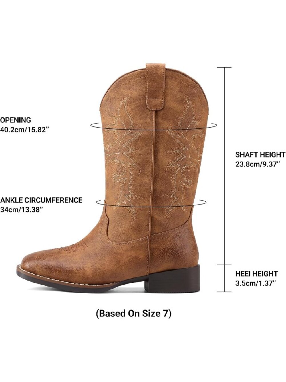 Women's Brown Faux Leather Embroidered Fashion Square Toe Mid Calf Cowgirl Boots - Picture 4 of 7